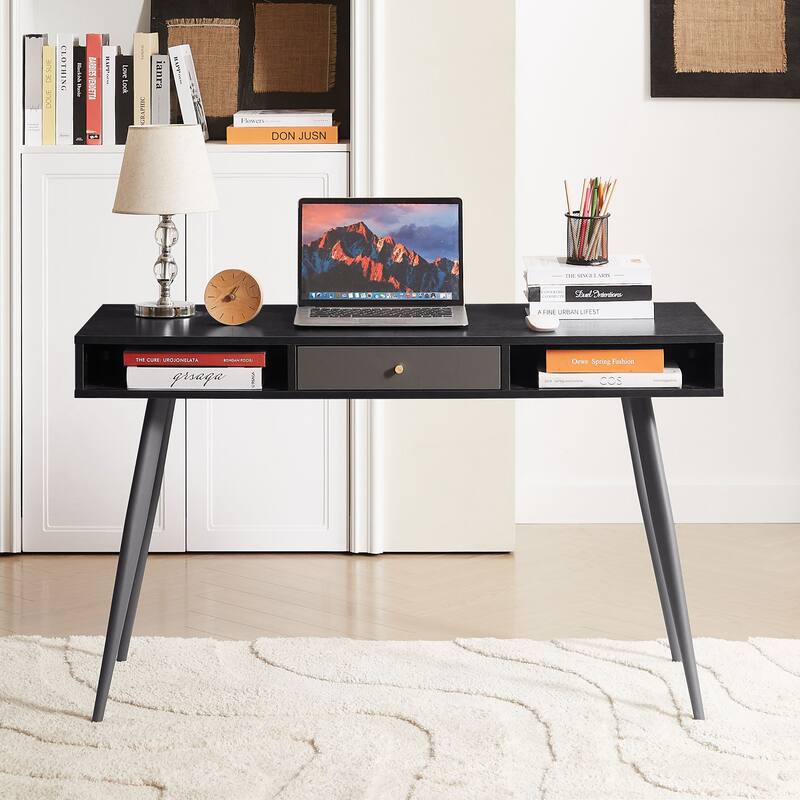 GDF Studio - Mid-Century Writing Desk with USB Ports, Power Outlet & Storage Drawers - Black