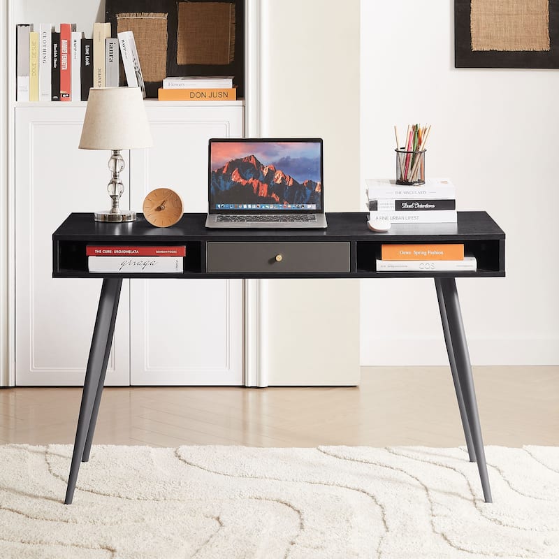 Modern Writing Study Desk with Drawers USB Ports and Power Outlet - Black