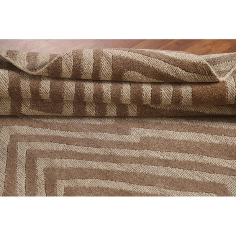 Geometric Modern Area Rug Hand-Knotted Oriental Wool Carpet - 8'11" x 11'8"
