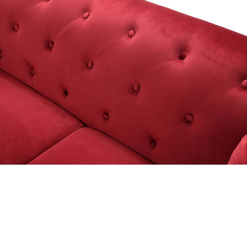 Tufted Nailhead Trim Velvet Sofa with Throw Pillows - 83" - Burgundy