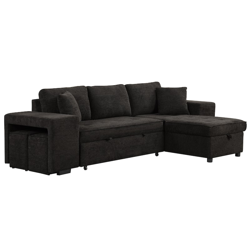 104" Modern L-Shape 3 Seat Reversible Sectional Couch, Pull Out Sleeper Sofa with Storage Chaise and 2 Stools for Living Room Fu