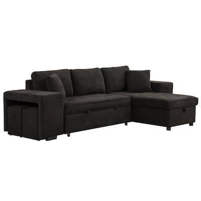 104" Modern L-Shape 3 Seat Reversible Sectional Couch, Pull Out Sleeper Sofa with Storage Chaise and 2 Stools