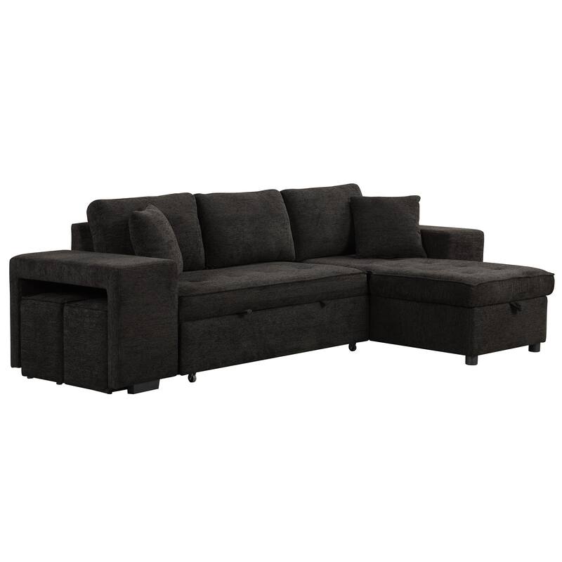 104" Pull Out Sleeper Sofa w/ Storage Chaise & 2 Stools,Charcoal Grey