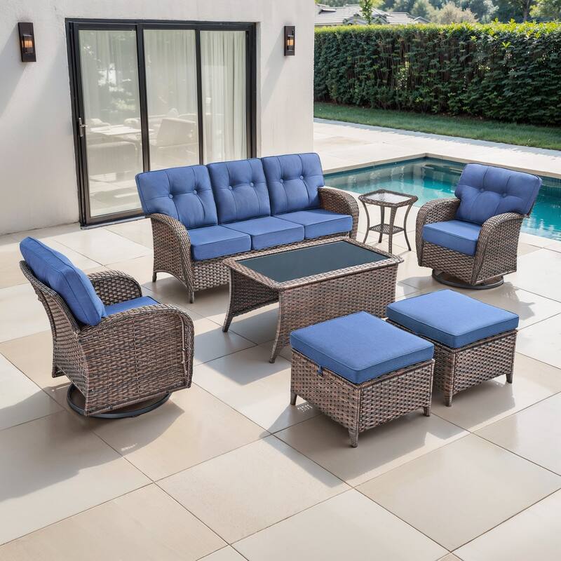 TWrap 7-Piece Patio Brown Wicker Sofa Conversation Set with 5-Inch Thick Cushions