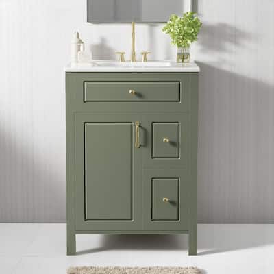 Compact 24" Freestanding Bathroom Cabinet with Ceramic Basin, Soft-Close Hinges, Storage Drawers & Door Racks