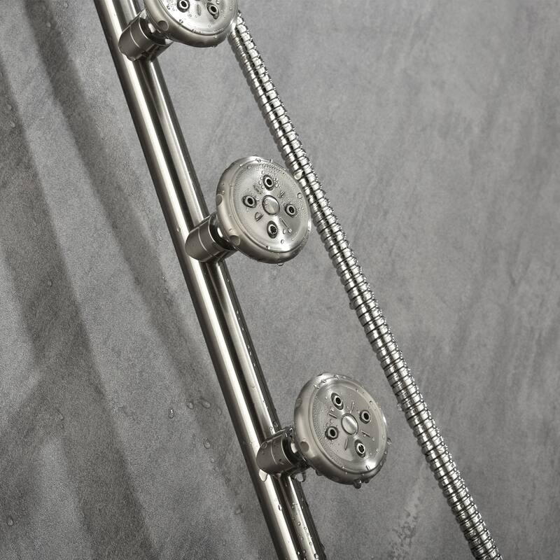 Riviera 8-in Rain Showerhead Shower System with 3-Body Jets Pivoting Shower Arm and Multi-function Handshower Brushed Nickel