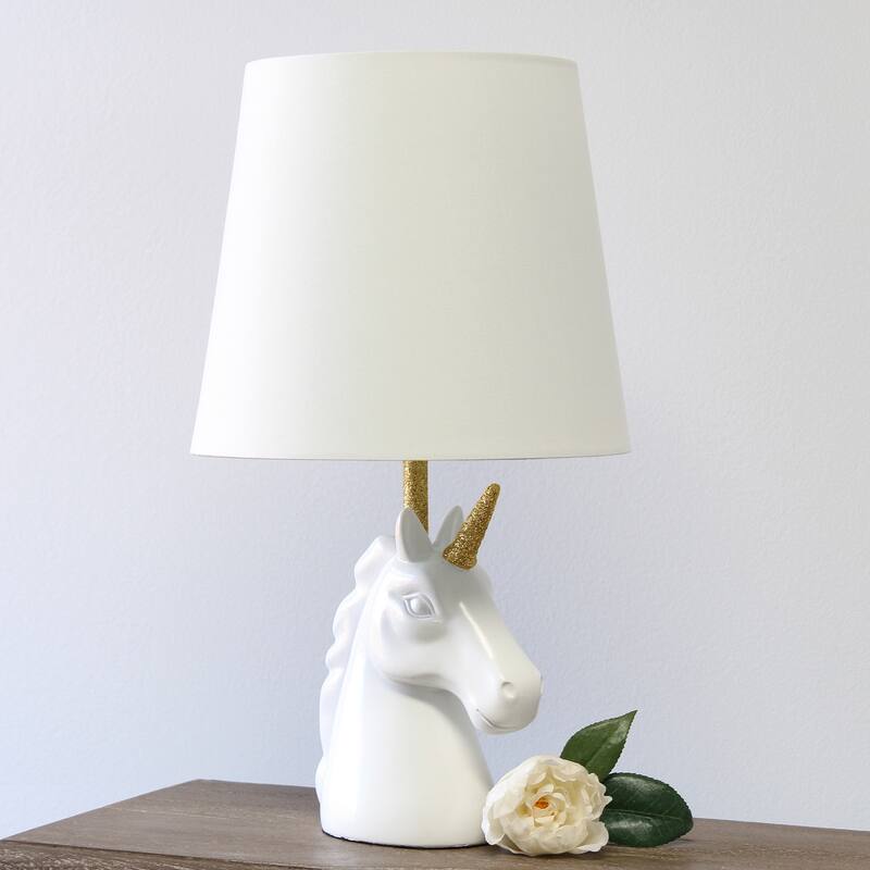 16 in. Matte White and Gold Finish Unicorn Base Table Lamp with White Shade, Childern's Bedroom Lamp