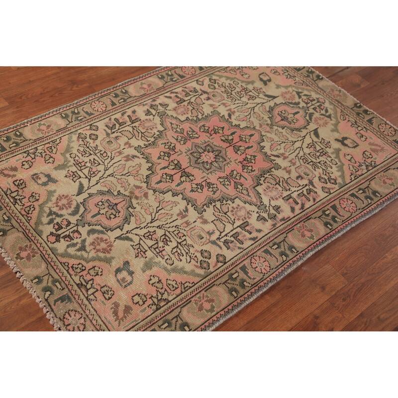 Pink & Beige Floral Tabriz Persian Foyer Rug Handmade Wool Carpet - 3'3"x 4'10"