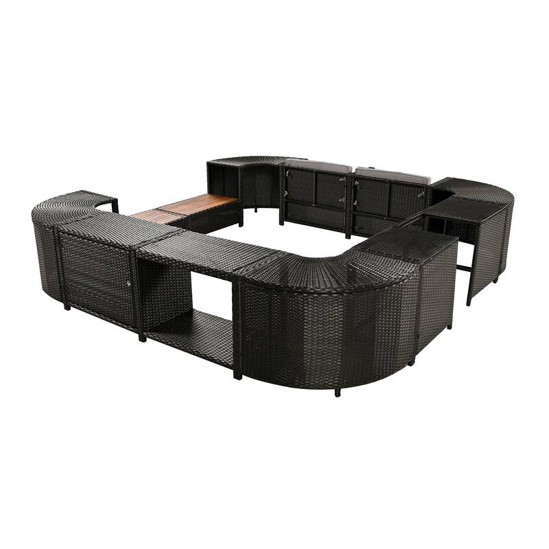 Outdoor Rattan Spa Frame Conversation Sofa Set with Storage & Wooden Bench