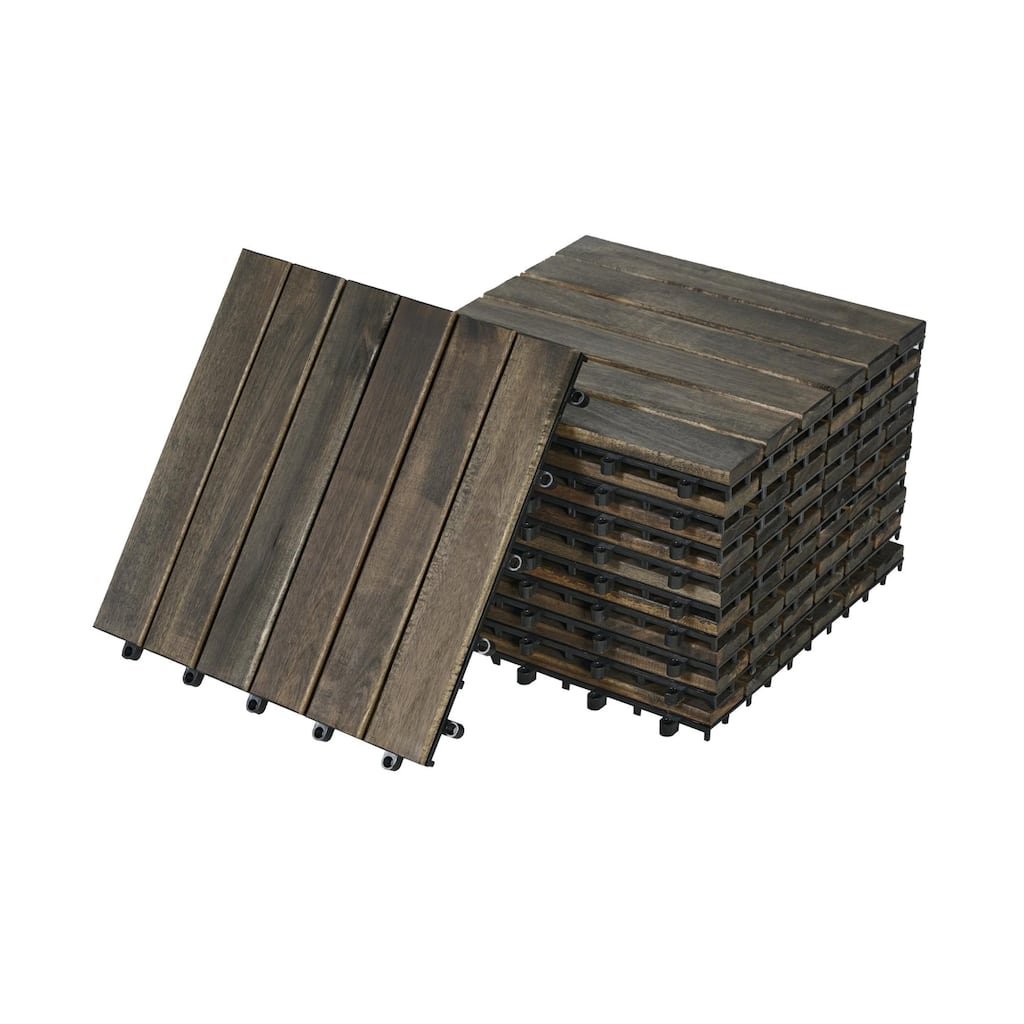 10 Pieces Dark Brown 12"x12" Interlocking Wood Plastic Deck Tiles Waterproof Anti Mold Outdoor Flooring