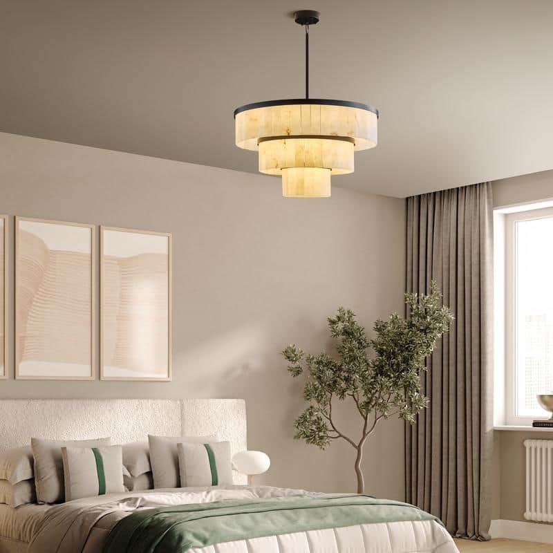 Elegant layered alabaster chandelier with natural stone panels