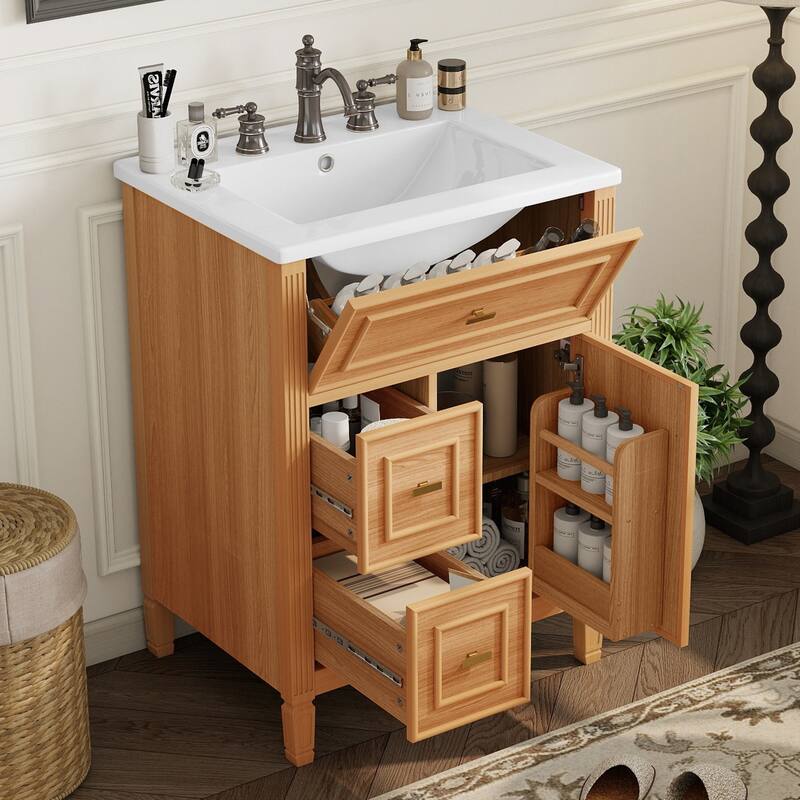 24" Bathroom Vanity with Sink, Bathroom Vanity Cabinet with One Flip Drawer and Two Drawers, Adjustable Shelf