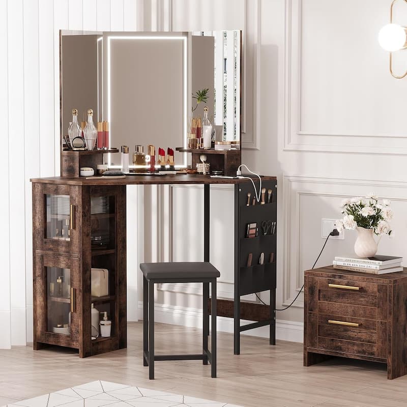 Corner Vanity Desk and Stool, Makeup Dressing Table Set with Light Mirror - Brown