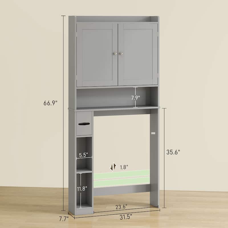 MDF Over Toilet Storage Cabinet with Doors and Adjustable Shelf - 31.5" W x 7.7" D x 66.9" H