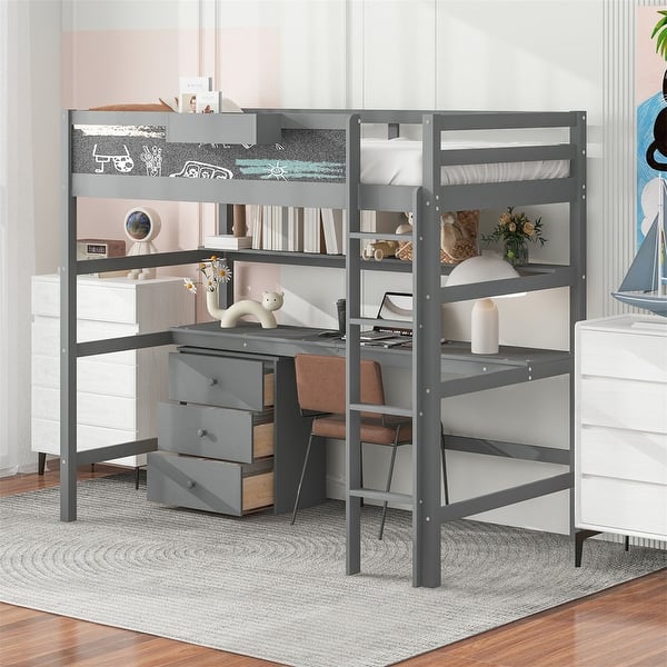 slide 2 of 13, Solid Wood Loft Bed with Bulit-in Desk, Storage Shelf and 3 Drawers, Twin Size Loft Bedframe with Storage Box and Blackboard Grey