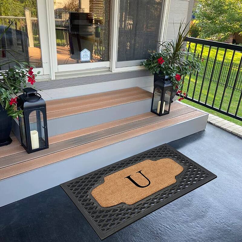 A1HC Mesh Border Rubber and Coir Large Heavy-Duty Outdoor Monogrammed Doormat, 23"X38" Black