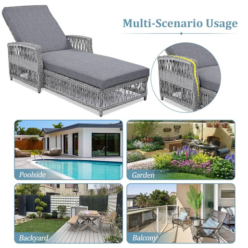 2 Pieces Outdoor Wicker Long Reclining Chaise with Soft Removable Cushions and Armrests