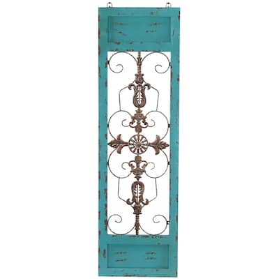 Wood Scroll Arabesque Wall Decor with Metal Fleur De Lis Relief - Teal - Roche River Decor