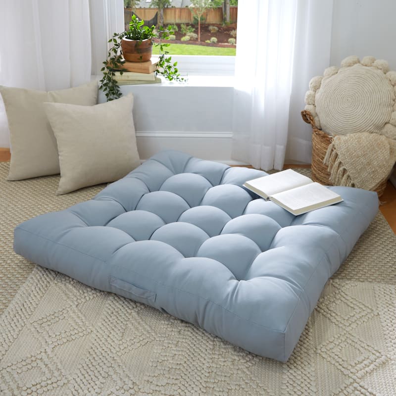 Sorra Home Large Solid Square Tufted Floor Pillow with Handle - 40 in x 40 in x 5 - Silver