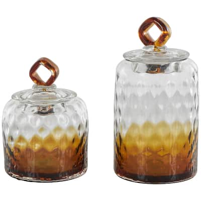 Glass Geometric Faceted Ombre Living Room Decorative Jars with Diamond Knobs - Set of 2 Orange - Roche River Decor