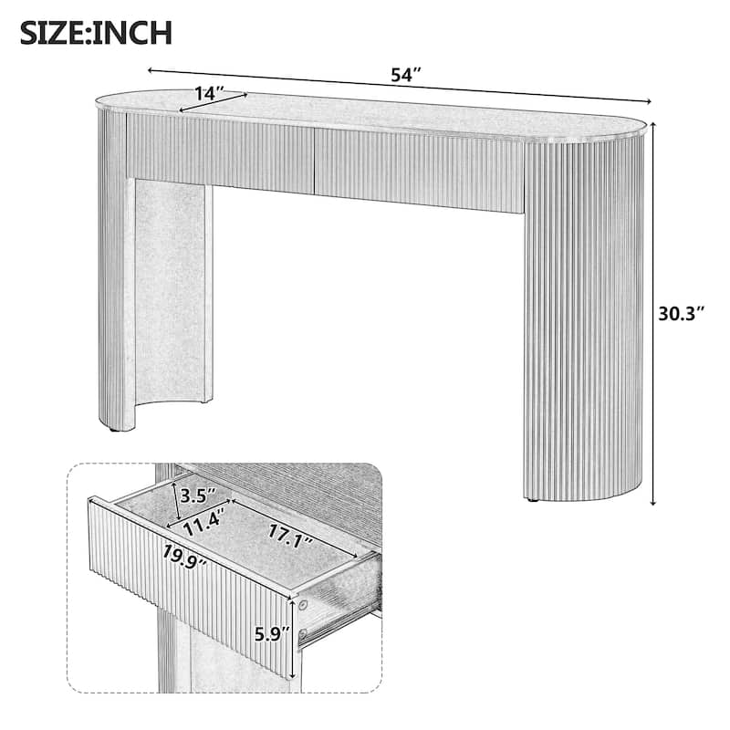 Fluted Console Table with 2 Drawers, Oval Top Entryway Table Champagne White Accent Table Sofa Table
