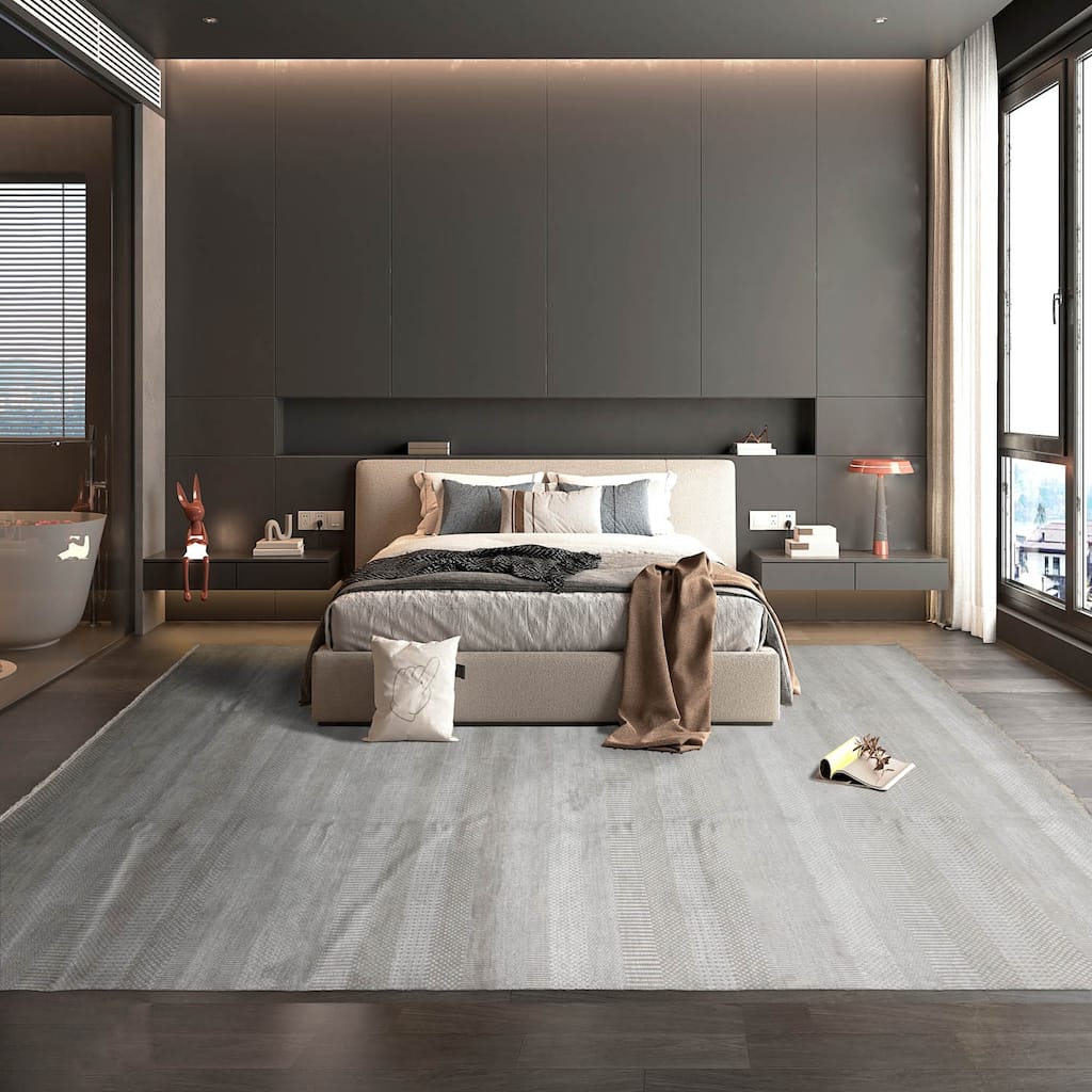 Hand Knotted Tone On Tone Gray Tibetan Wool & Silk Modern Area Rug - 8' 1'' x 10' 2''