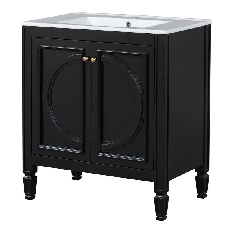 Green 30-Inch Freestanding Vanity with Ceramic Sink, Soft-Close Doors, Adjustable Shelf, and Retro Legs