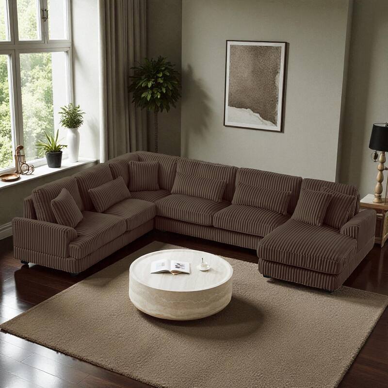 129" Oversized U-Shaped Sectional Sofa with Chaise Lounge, Soft Corduroy Upholstery and Pillows for Living Room - Brown