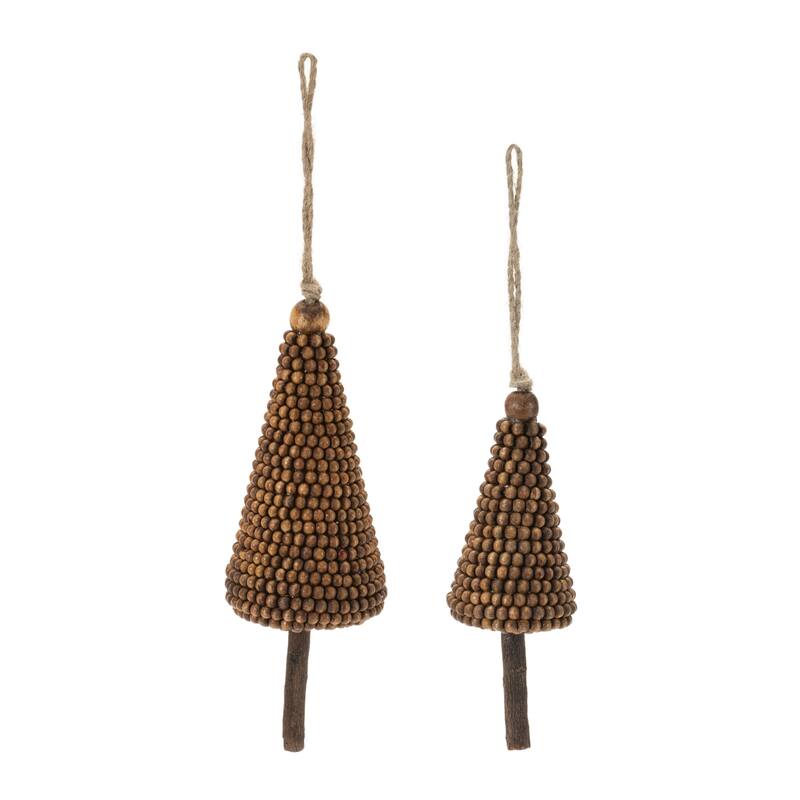 Beaded Wooden Christmas Tree Ornaments - 7.25" - Brown - 4ct