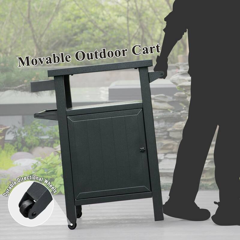 GDFStudio - Holden Outdoor Metal Grill Cart with Storage Cabinet and Rolling Utility Table for Patio BBQ Use