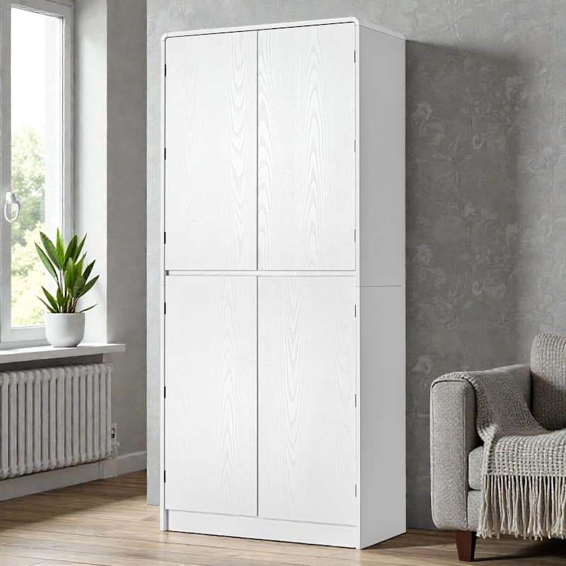 72" Tall Curved Pantry Cabinet with Adjustable Shelves, 8 Door Racks and Hidden Drawer, Farmhouse Storage Cupboard for Kitchen - White