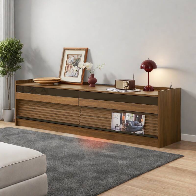 68.9" Modern TV Stand with 4 Glass-Front Drawers - Built-in Charging Station, Ambient LED Lighting - Walnut