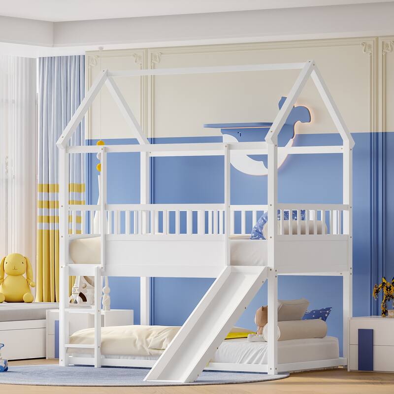 Convertible Twin Over Twin Bunk Bed with Slide, Ladder, and Safety Guardrail