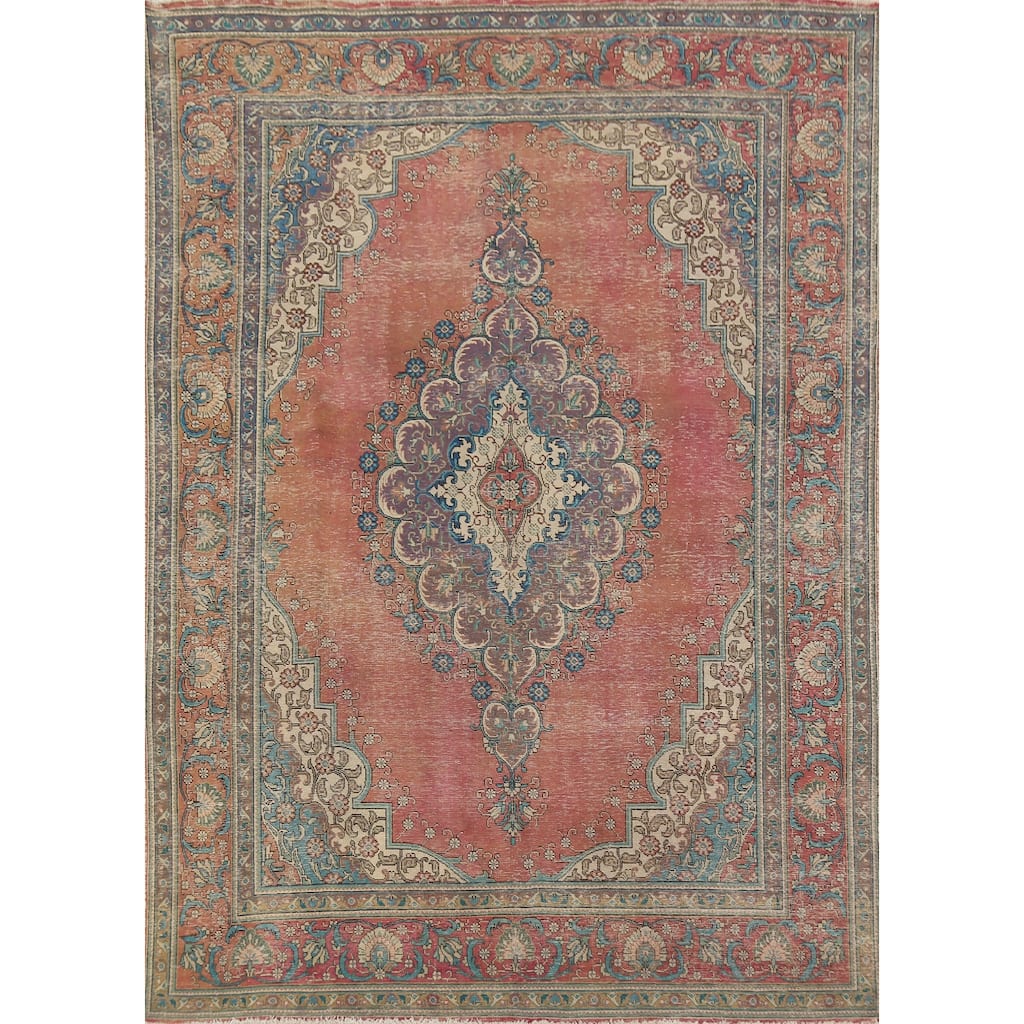Geometric Tabriz Persian Vintage Rug Hand-Knotted Coral Wool Carpet - 8'1"x 11'1"
