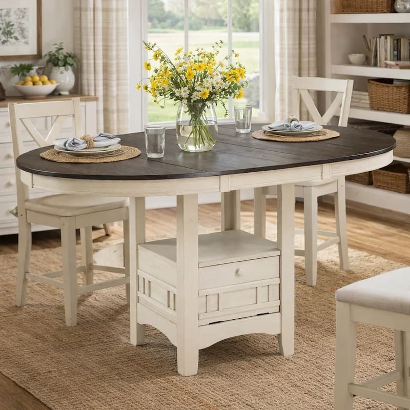 Glee 42-60 Inch Extendable Counter Height Table, Antique White and Brown