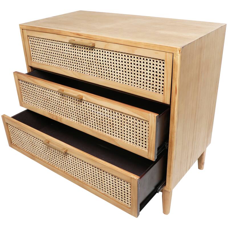 Wood 3 Drawer Chest with Beige Rattan Drawers and Gold Handles - Light Brown or Black - Roche River Decor