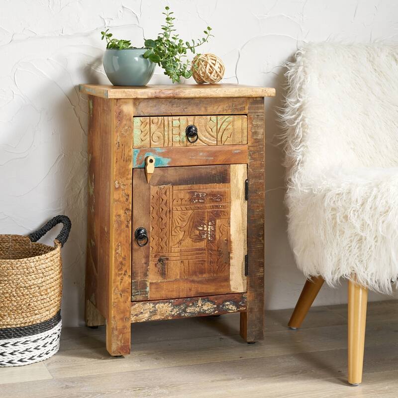 Charming Recycled Wood Side Table with Versatile Storage Options