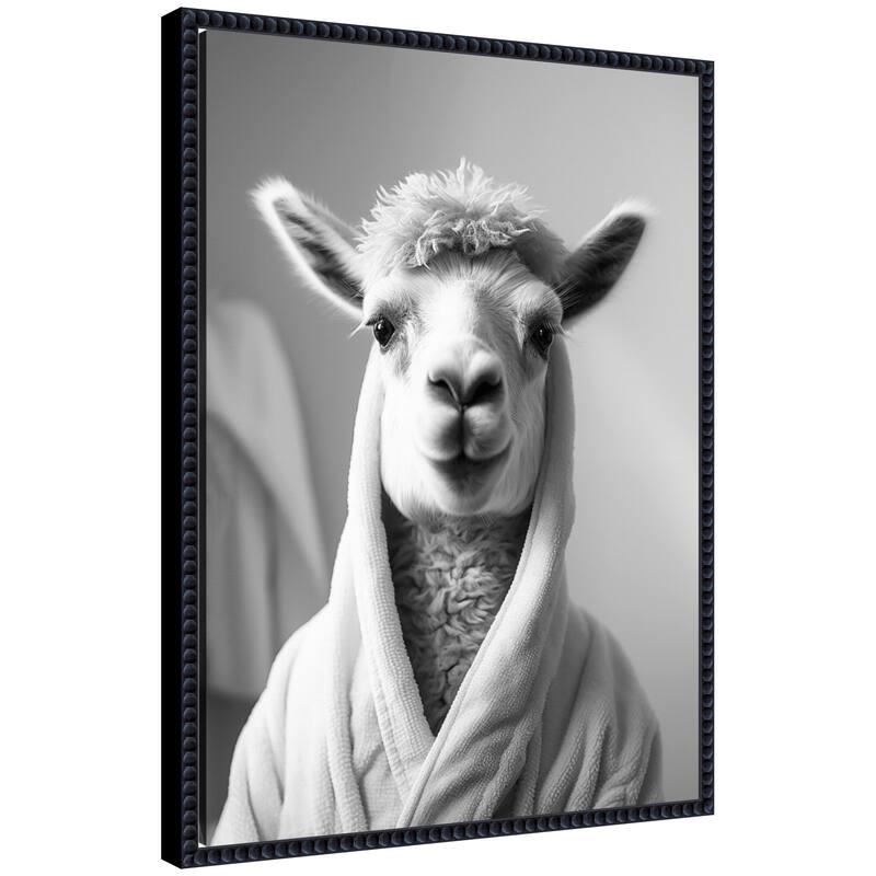 Kate and Laurel Sylvie Llama Bathroom Art Towel Robe Black and White Framed Canvas by The Creative Bunch Studio - 18x24 - Black