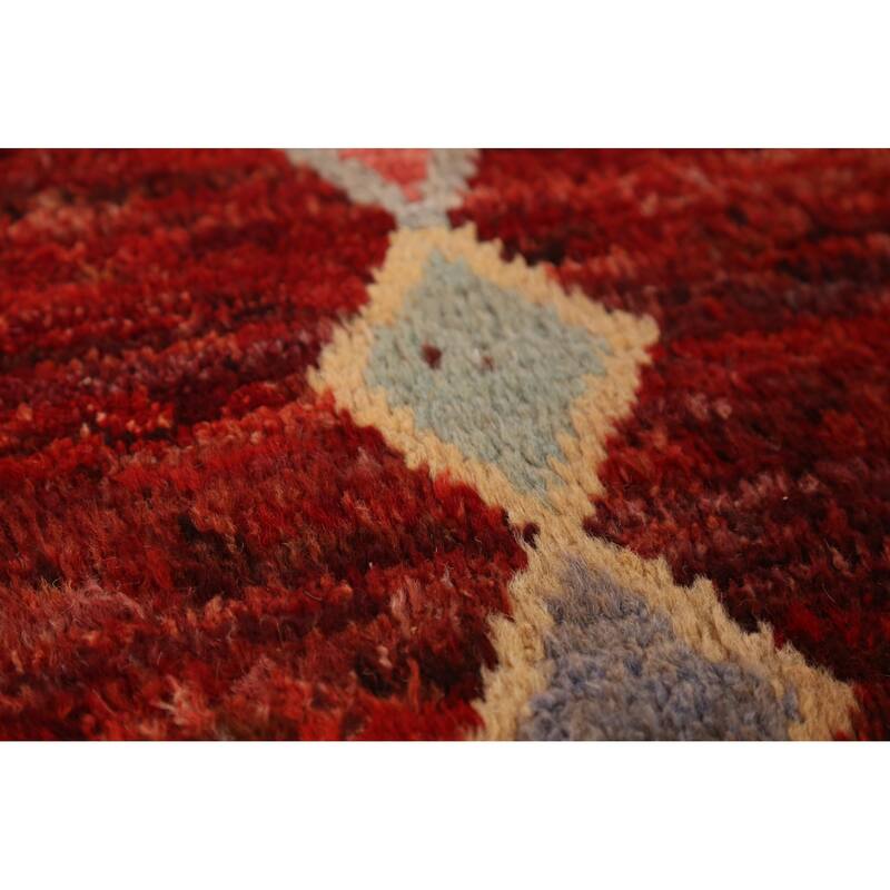 Red Geometric Moroccan Oriental Rug Hand-Knotted Tribal Wool Carpet - 8'1" x 9'9"