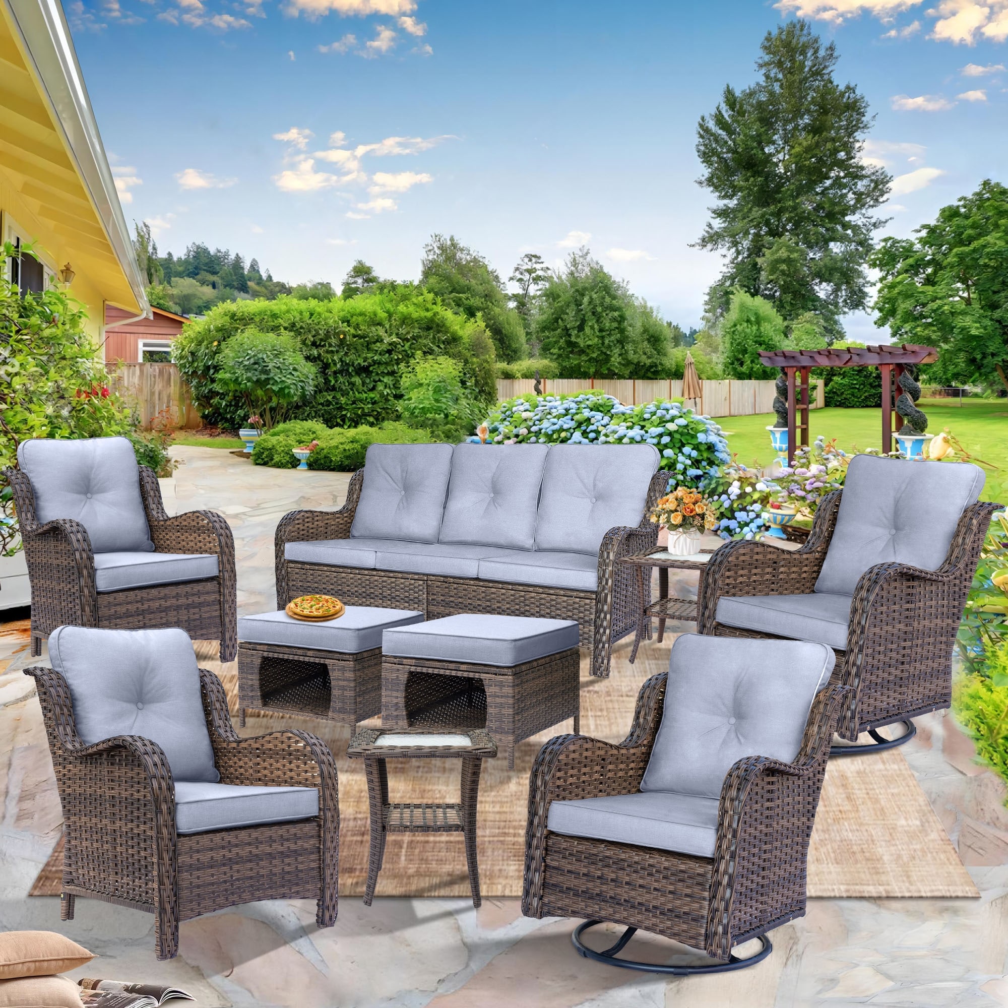 High Back Brown Wicker Outdoor Patio Conversation Sets with Swivel Chairs