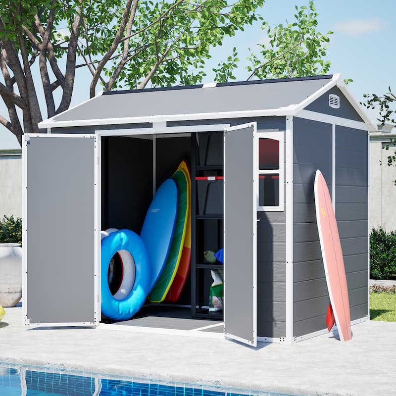 GDFStudio - Large Plastic Utility Shed with Floor & Lockable Doors for Easy Access, Storage for Garden Tools & Trash Bins