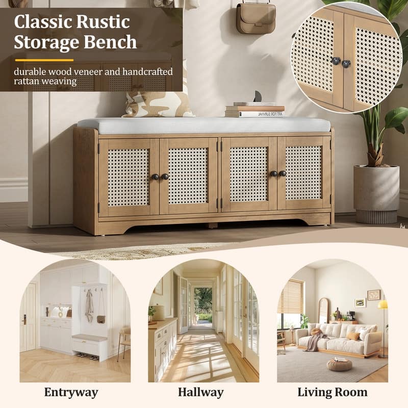 Rustic 47.4" Storage Bench Multifunctional Wooden Entryway Organizer with Removable Cushion and Rattan Doors