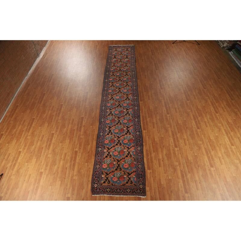 Hand Knotted Oriental 100% Wool Carpet Traditional All-Over Navy Blue & Blues Senneh Runner Rug - 19' 3'' X 3' 5''