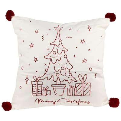 16" White Red Christmas Tree Embroidered Square Throw Pillow Pompoms
