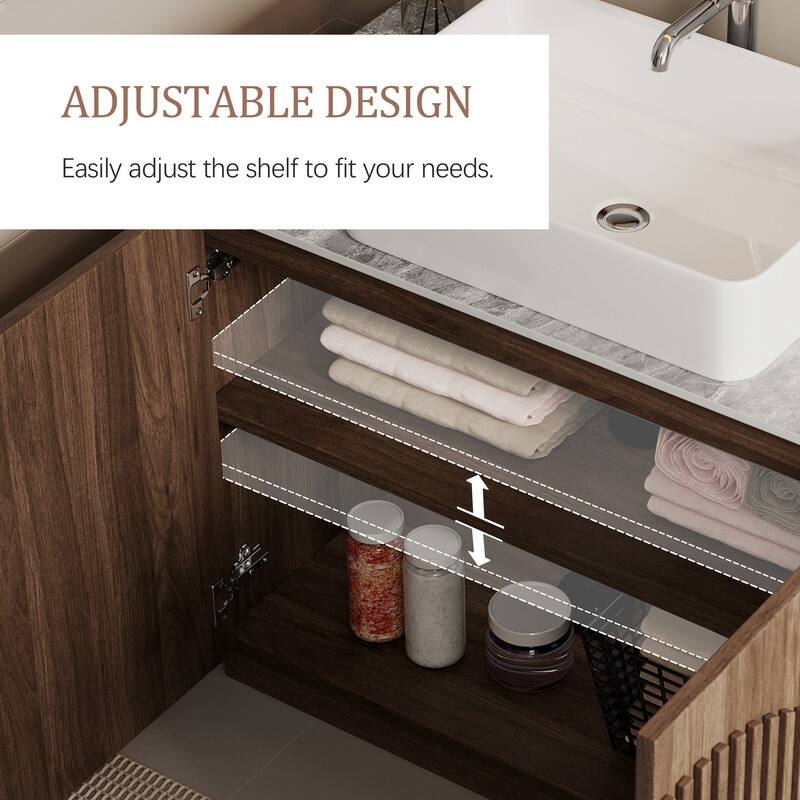 36" Mid - Century Modern Bathroom Vanity With Single Sink Grille Door & Gold Accents