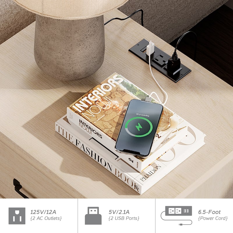 Nightstand with Charging Station, 2-Drawer End Table for Bedroom
