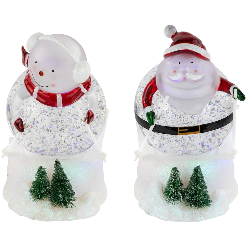 LED Lighted Color Changing Skiing Santa and Snowman Acrylic Christmas Snow Globes - 7.25" - Set of 2