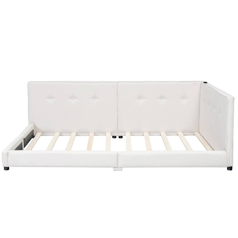Upholstered Daybed Low Profile Bed Frame with USB Charging Station, Tufting L-shaped Backrest and Wood Slat Support Linen Fabric