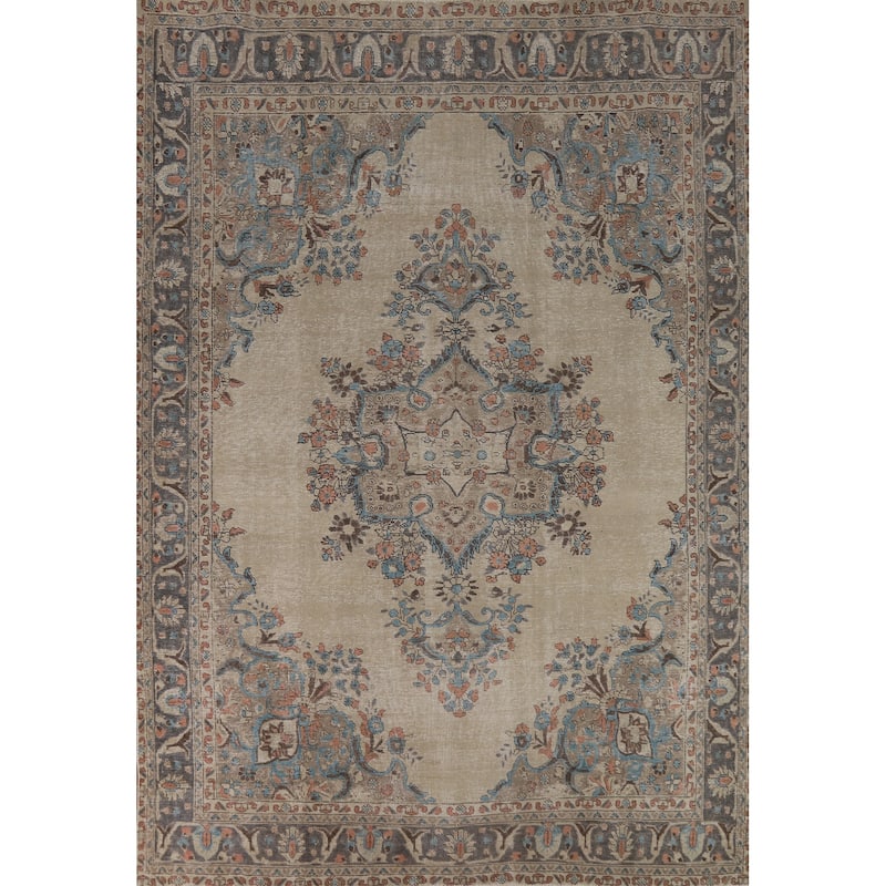 Floral Beige Tabriz Persian Area Rug Handmade Wool Carpet - 8'1"x 10'7"