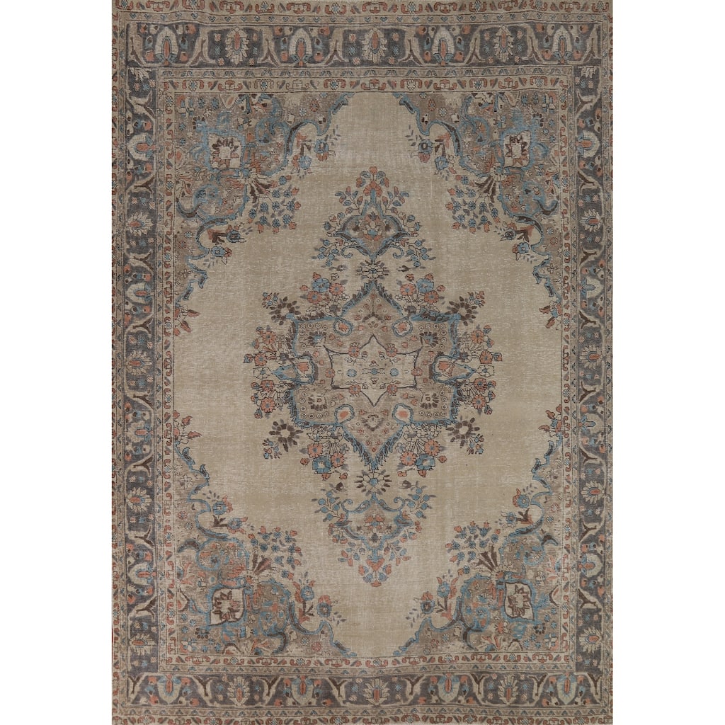 Floral Beige Tabriz Persian Area Rug Handmade Wool Carpet - 8'1"x 10'7"